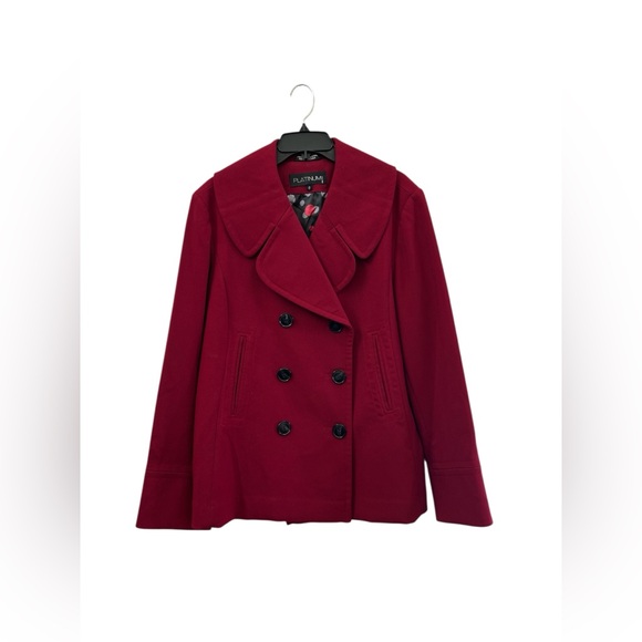 Platinum Burgundy Double Breasted Peacoat Jacket Polka Dot Lining Size L - Picture 2 of 7